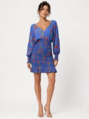 ASTR The Label Smocked Floral Dress Blue Poppy Long Sleeve S